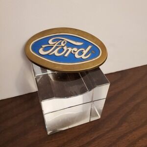Vtg 1979 FORD Motor Co Oval Solid Brass Baron Belt Buckle w White & Blue Enamel